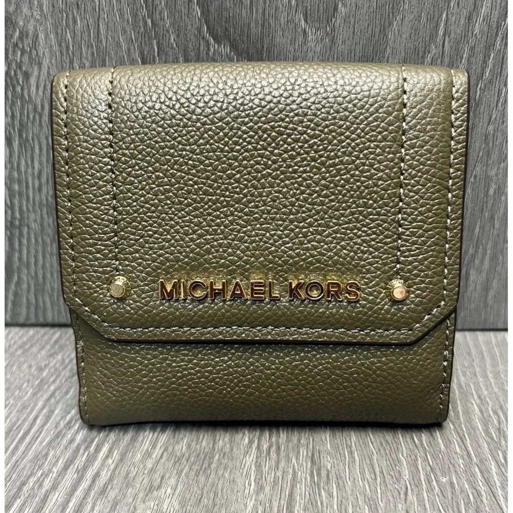 Michael Kors Hayes Small Tri-Fold Wallet Olive Green Pebbled Leather Gold Logo